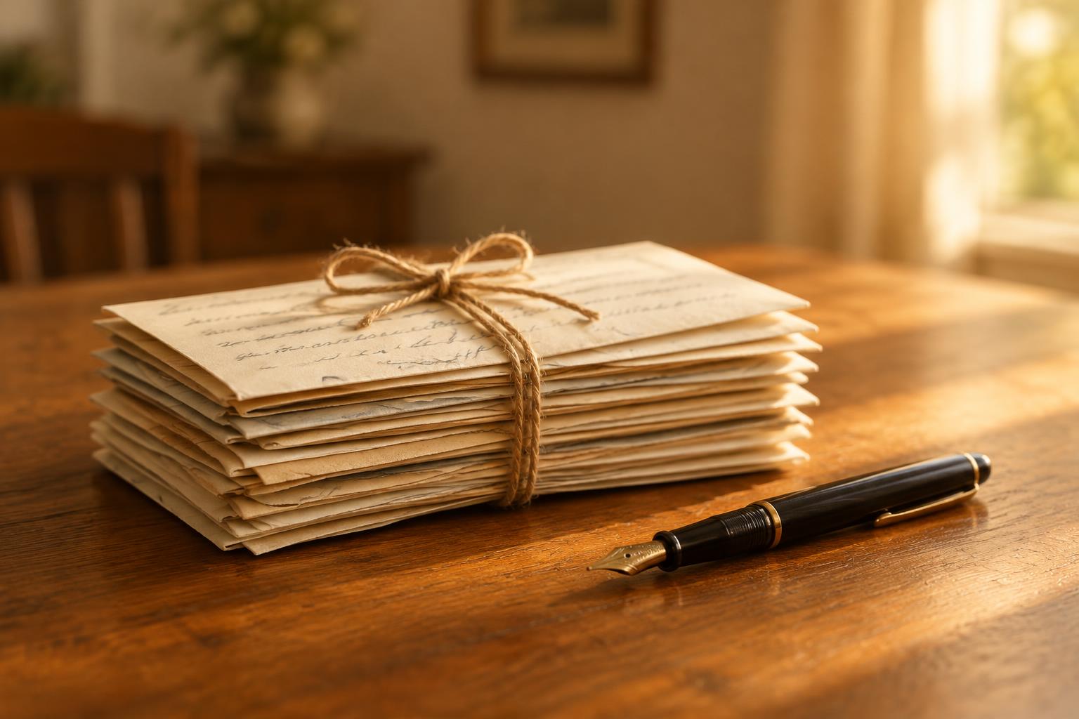 A stack of handwritten letters tied with twine beside a fountain pen on a wooden table