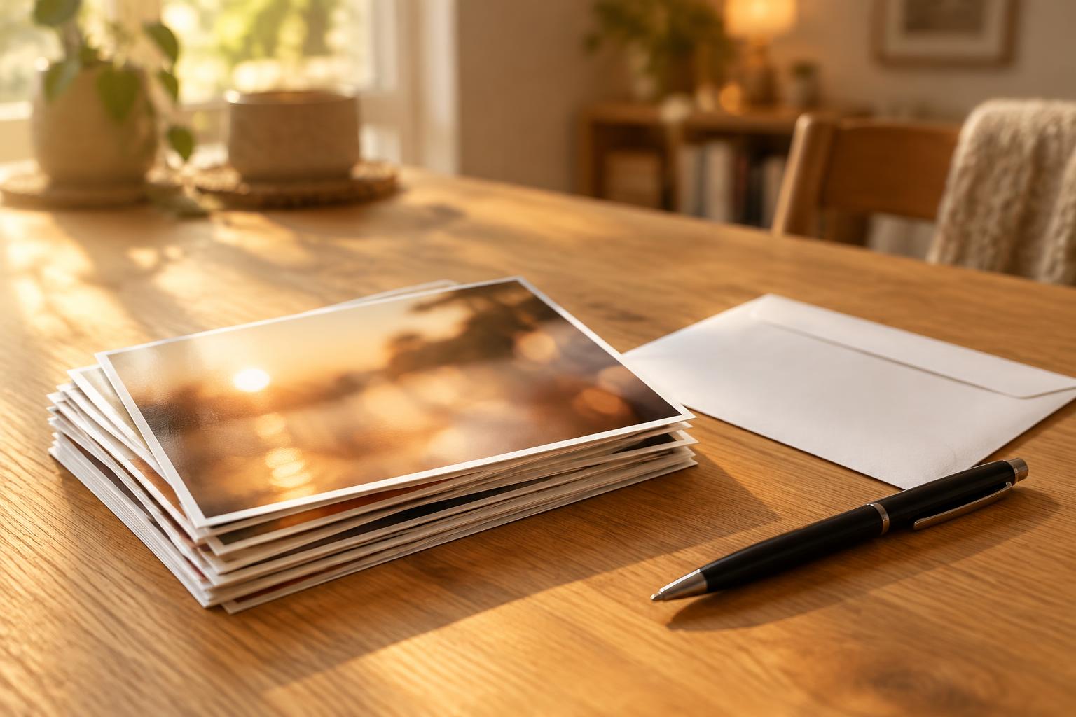 A stack of printed photographs beside a white envelope and a pen on a wooden table